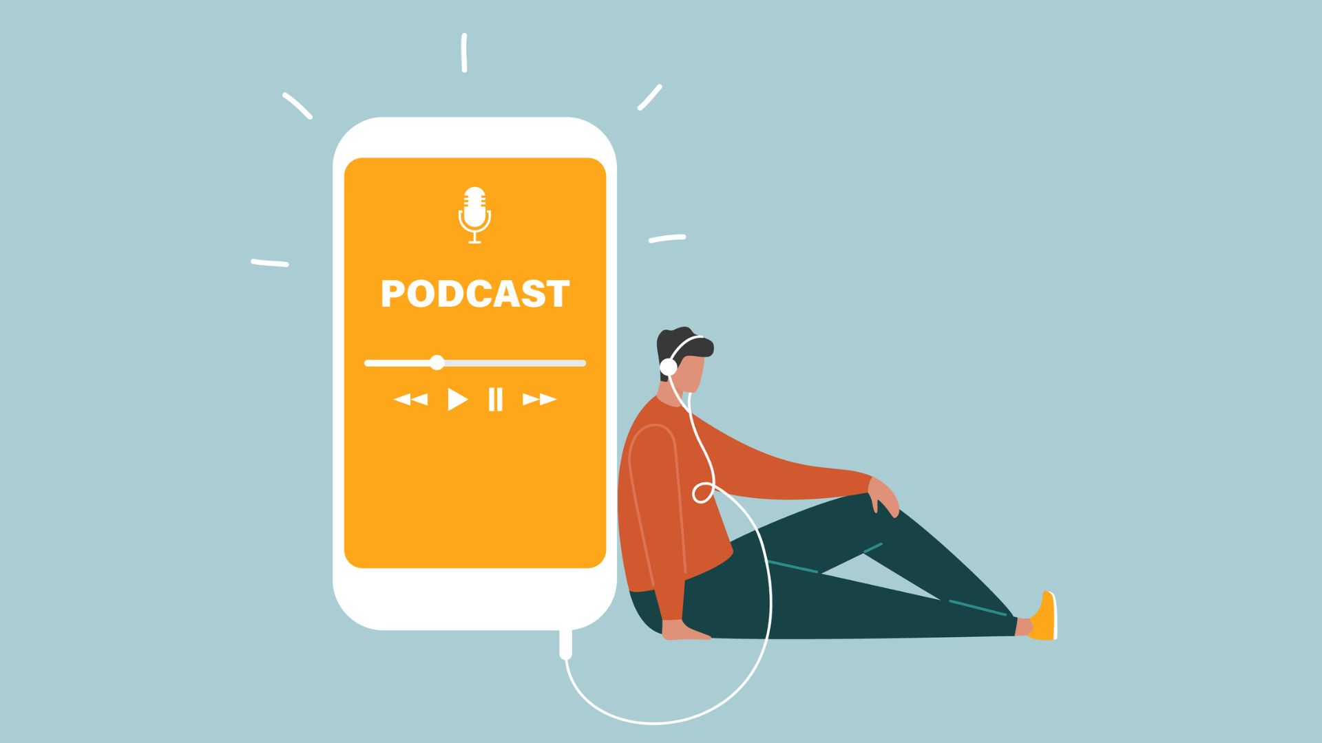 Illustration of a person sitting with headphones plugged into a large smartphone displaying the word "Podcast" and playback controls, symbolising podcast listening